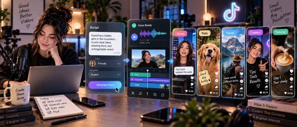 Creator generating TikTok AI voiceovers from a script, with short-form video previews ready to publish.