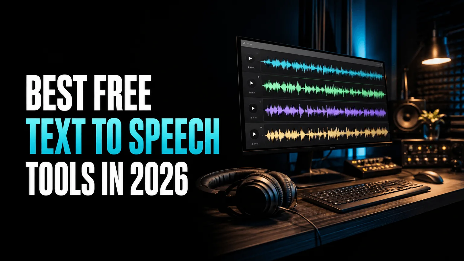 Illustrated cover with an English 2026 free TTS tools title, a monitor displaying colored audio waveforms, and headphones on a desk