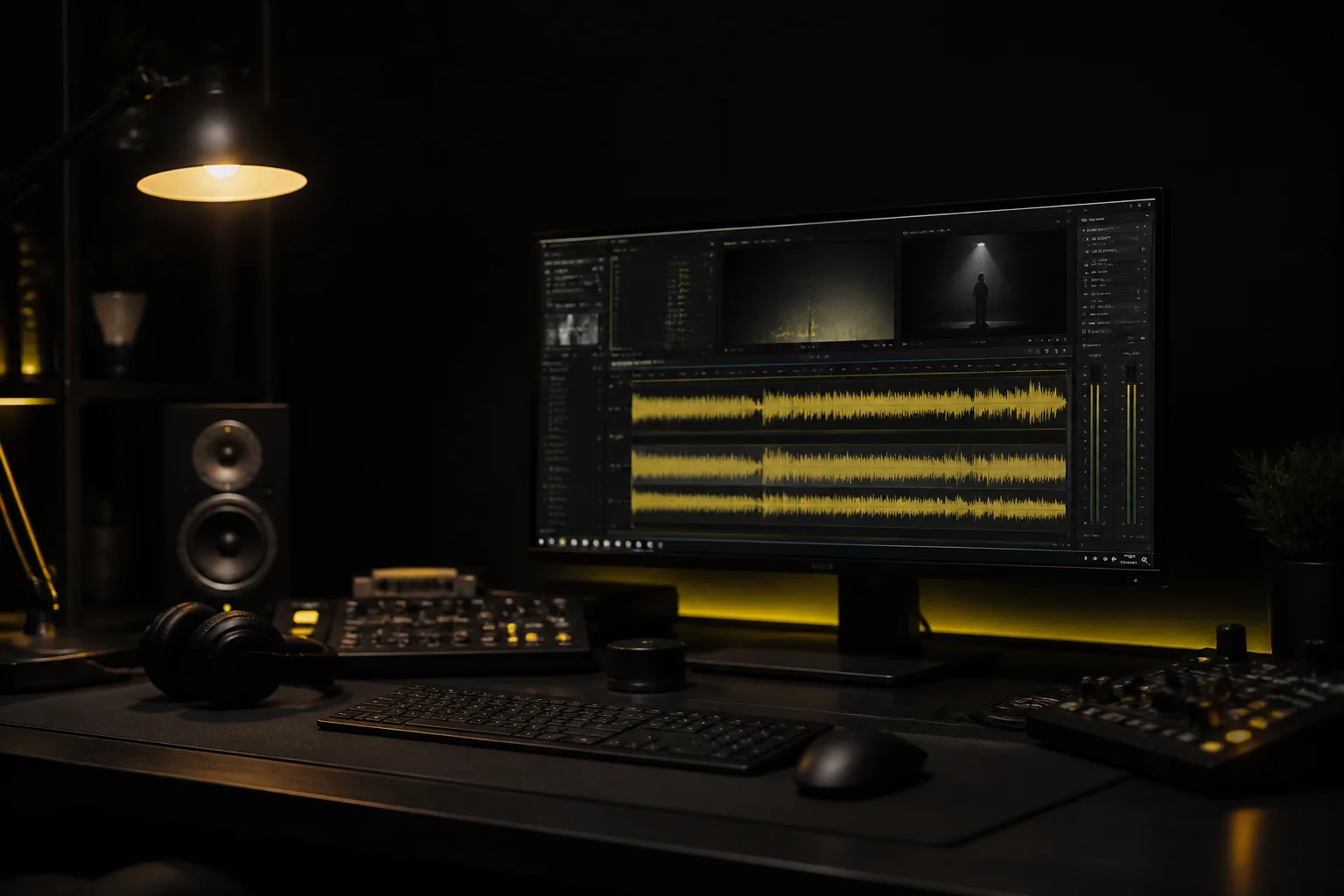 Desk with a lamp, headphones and a monitor displaying an audio timeline