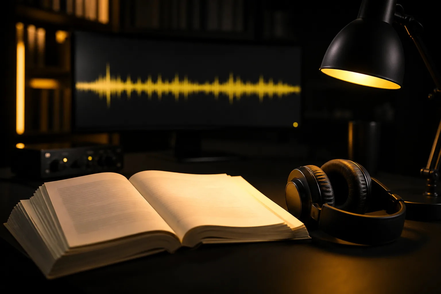 Books, headphones and a desk lamp beside a screen displaying an audio waveform