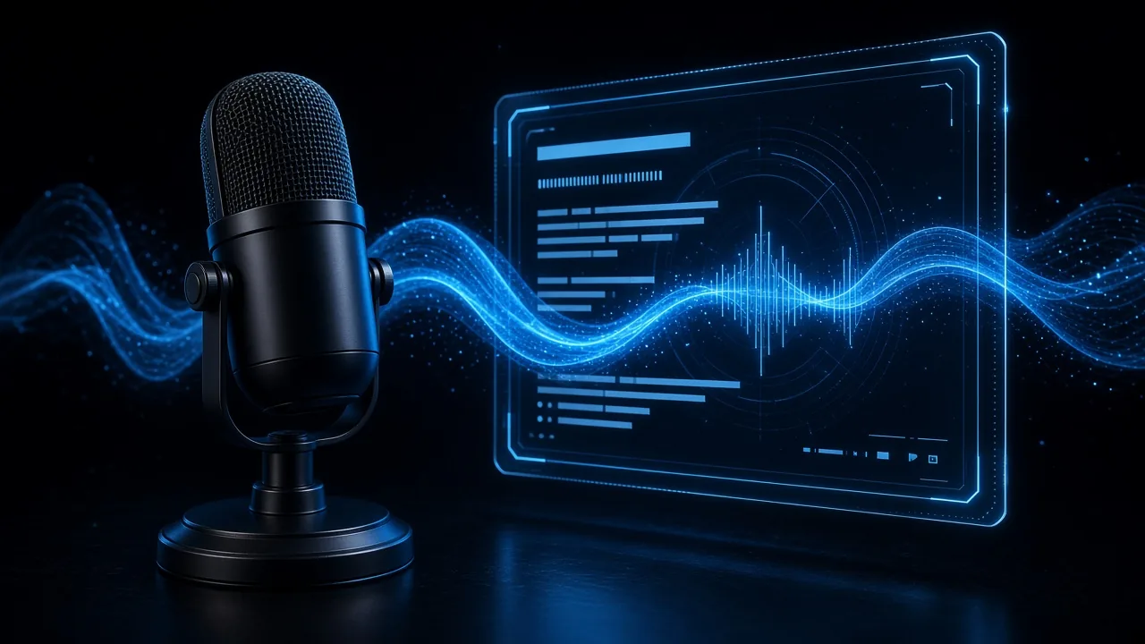 A studio microphone beside a holographic news HUD and electric-blue waveform.