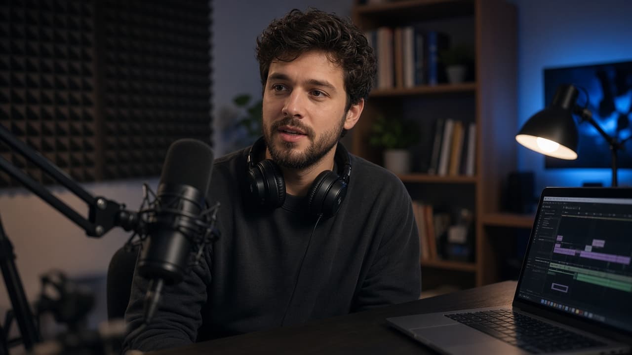A YouTuber at a dark studio desk with a microphone, talking toward camera.