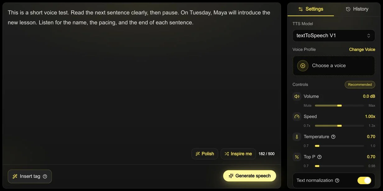 TextSpeech Studio English interface with a 182/500-character sample and speed set to 1.00x