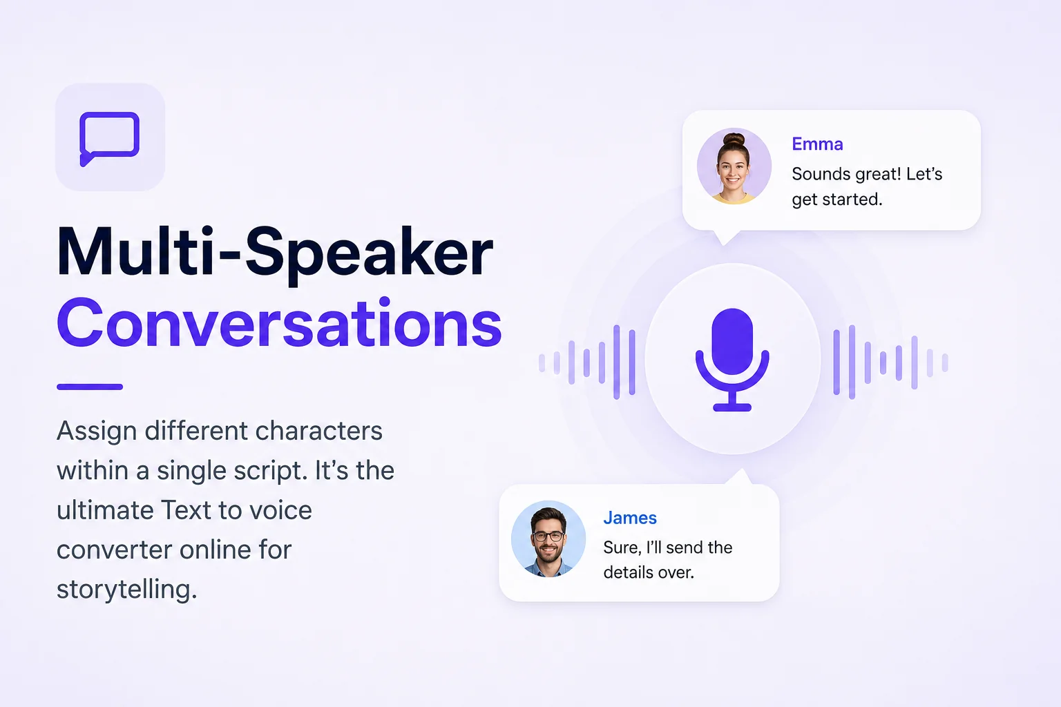 Interfaz de conversación multilocutor de TextSpeech con varios avatares.