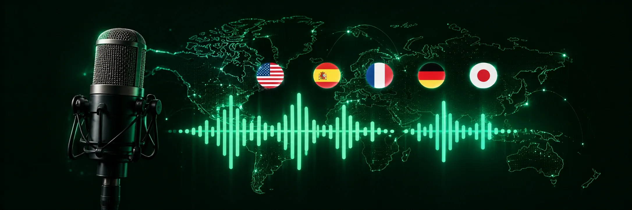 Multilingual advertising with a world map, language flags, and a microphone