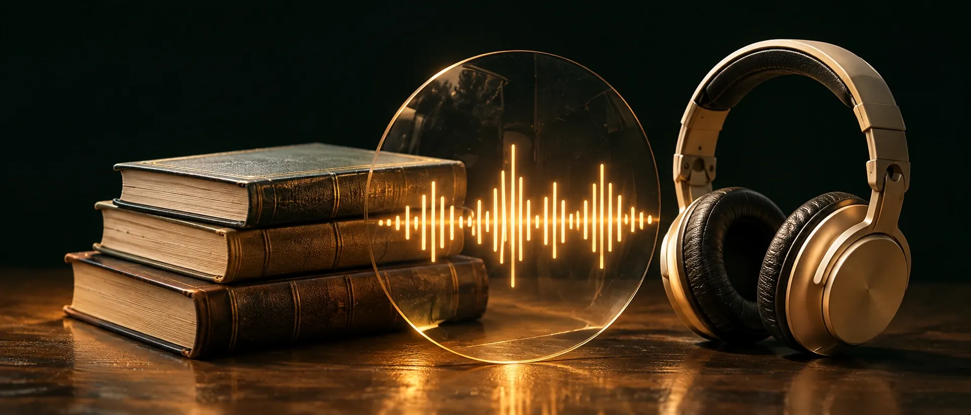 Voice cloning for audiobooks: books, headphones, and an amber waveform