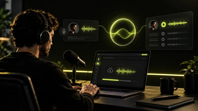 A creator at a studio desk, turning one recorded voice into waveforms and cloned voice profiles