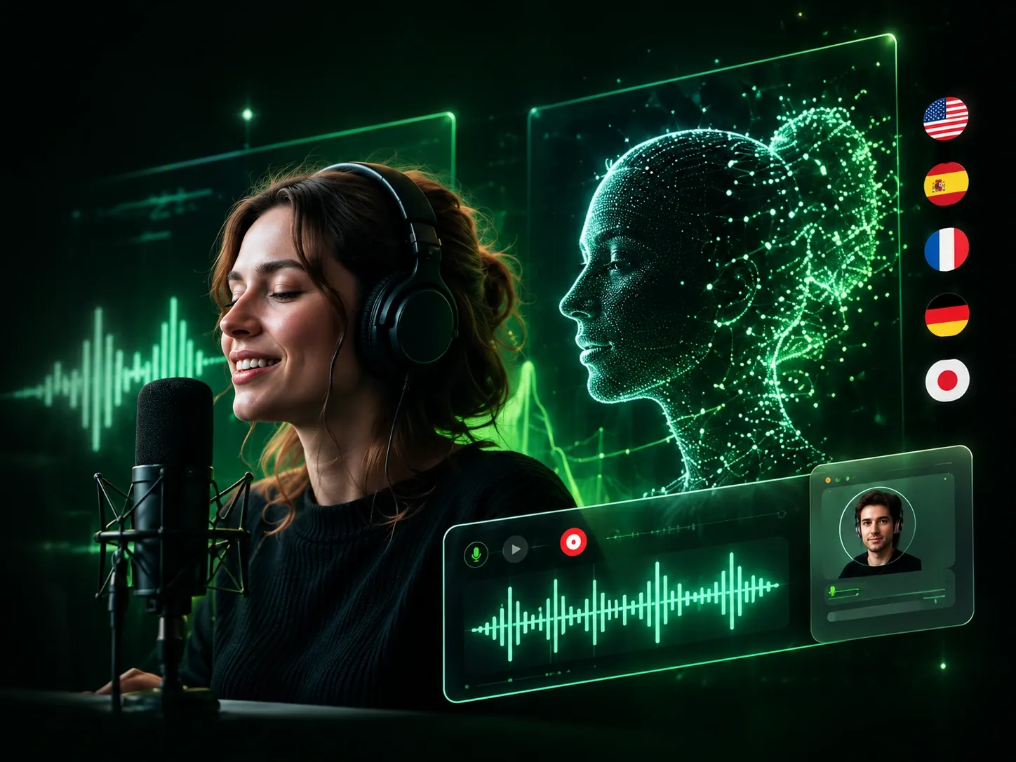 A creator recording her voice beside a green digital voice clone and speech waveform
