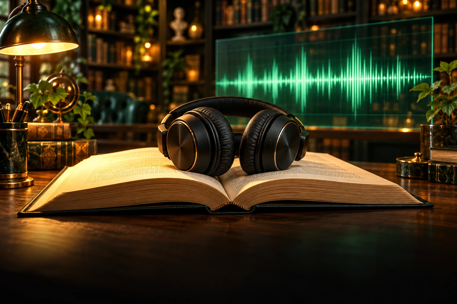 An open audiobook and headphones in a recording studio